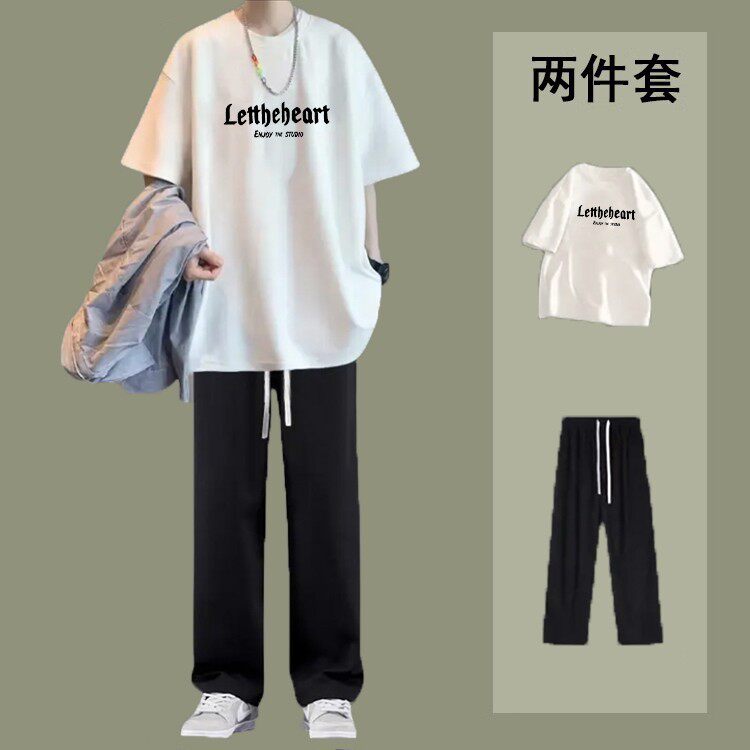 夏季短袖男款套装男生帅气T恤搭配长裤青少年衣服潮流时尚两件套