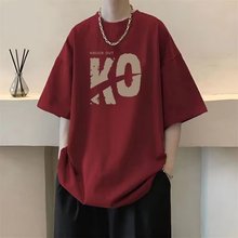 酒红色重磅纯棉短袖t恤男夏季美式复古潮牌ins百搭青少年半袖体恤