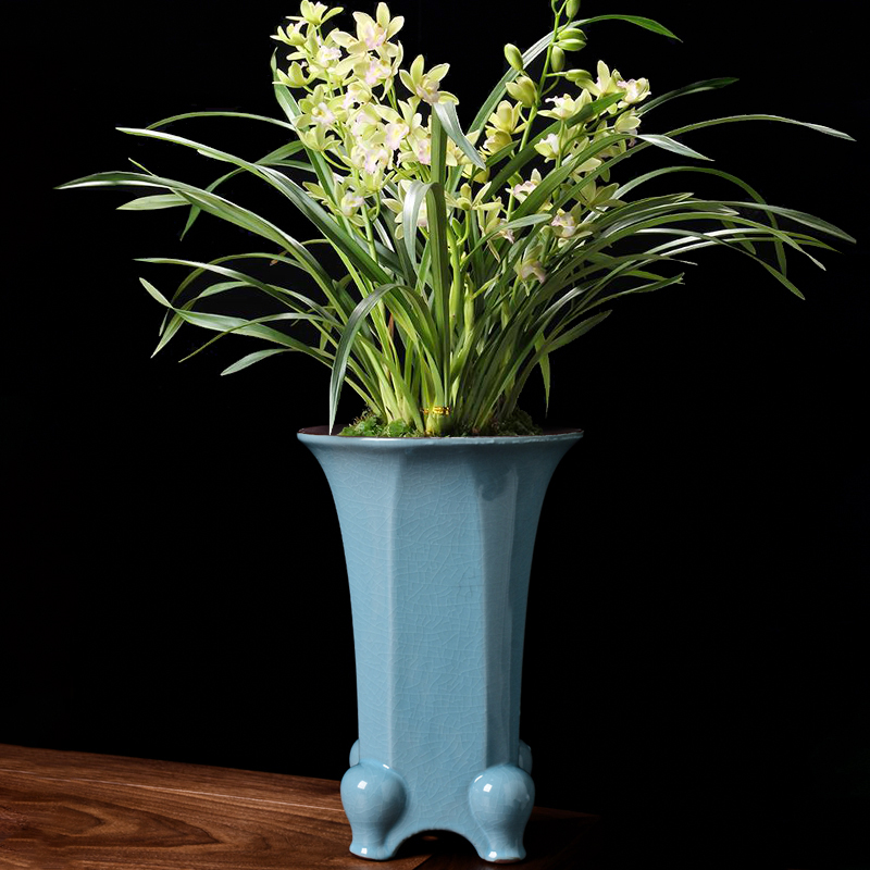 紫砂哥窑兰花专用吊兰大号创意高款悬崖老桩兰盆高脚中式陶瓷花盆