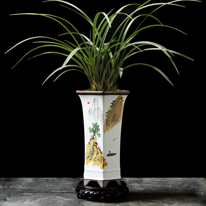 中国风山水手绘花盆兰花专用吊兰