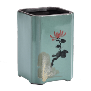 2021新款文竹花盆陶瓷小号四方高款绿植盆栽青瓷手绘中国风紫砂盆