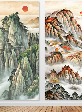 泰山日出装饰画竖版泰山挂画背景墙贴画靠山图玄关壁画自粘定制