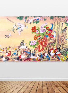 百鸟朝凤挂画百鸟朝凤装饰画办公室客厅餐厅凤凰自粘画百鸟图定制