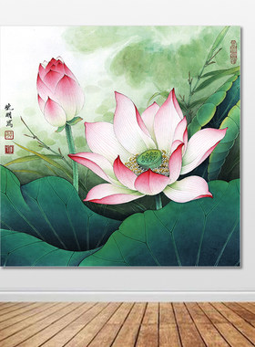 荷花贴画方形贴画厨房装饰画荷花自粘画卫生间墙画有框画挂画定制