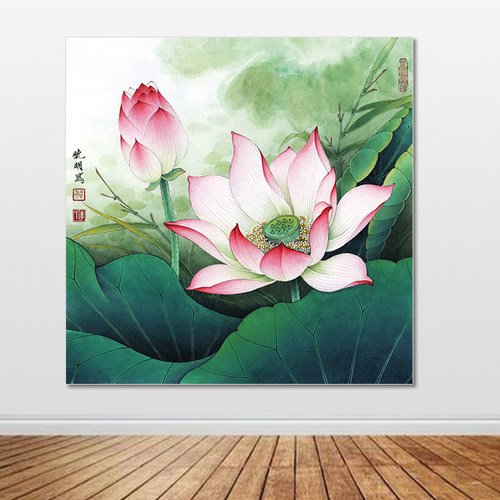 荷花贴画方形贴画厨房装饰画荷花自粘画卫生间墙画有框画挂画定制