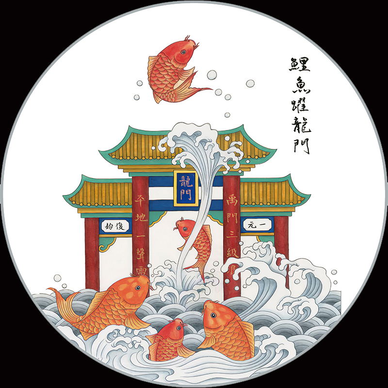 圆形鱼跃龙门挂画励志贴画书房学校鲤鱼跳龙门装饰画圆型海报图片