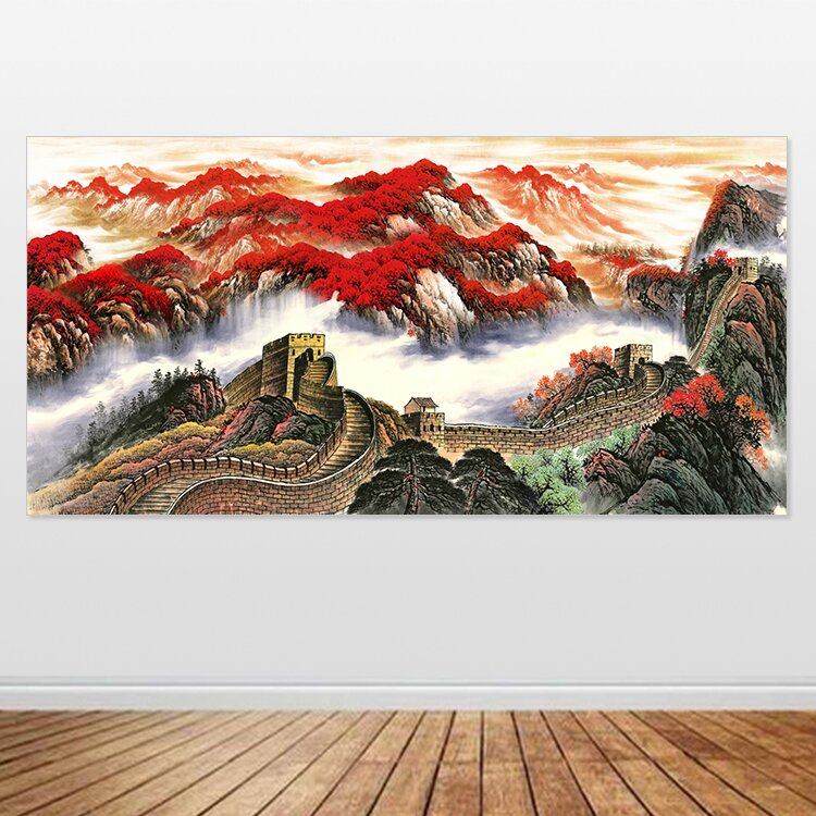 鸿运当头长城自粘画靠山图办公室万里长城背景墙装饰画挂画定制