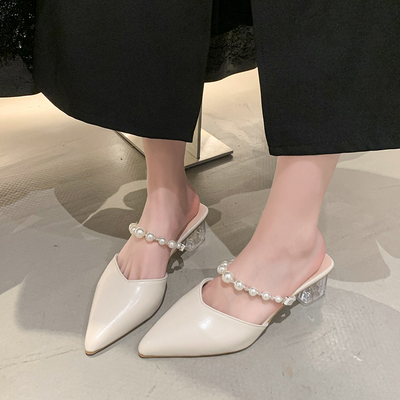 水晶粗跟单鞋高跟凉鞋包头半拖鞋