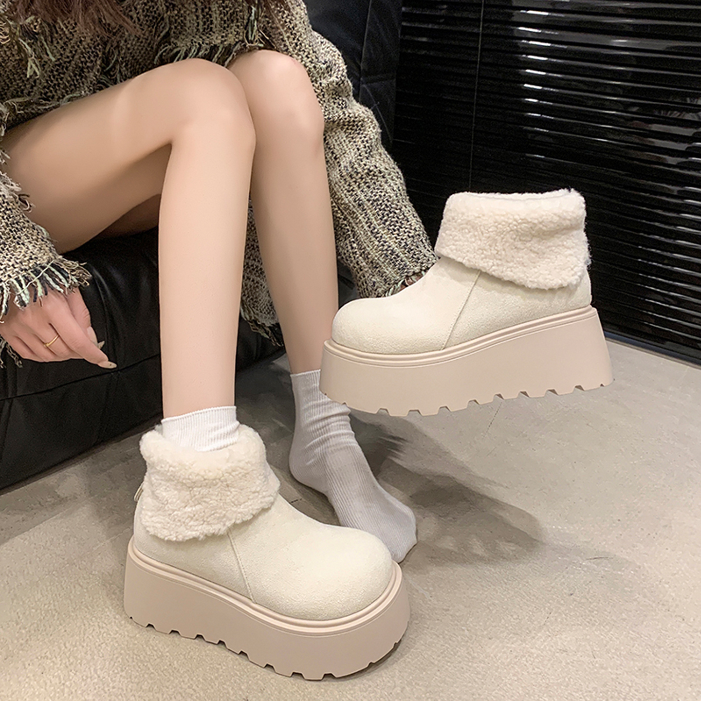 松糕厚底后拉链雪地靴棉靴棉鞋