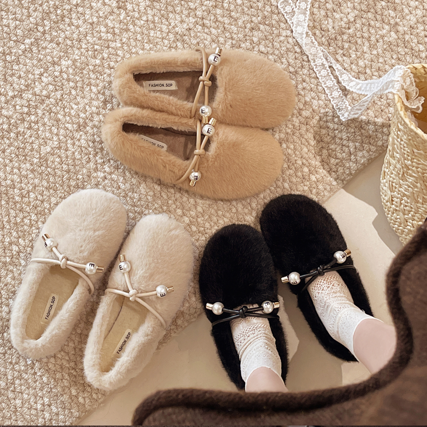 温柔风蝴蝶结毛毛鞋加绒豆豆鞋