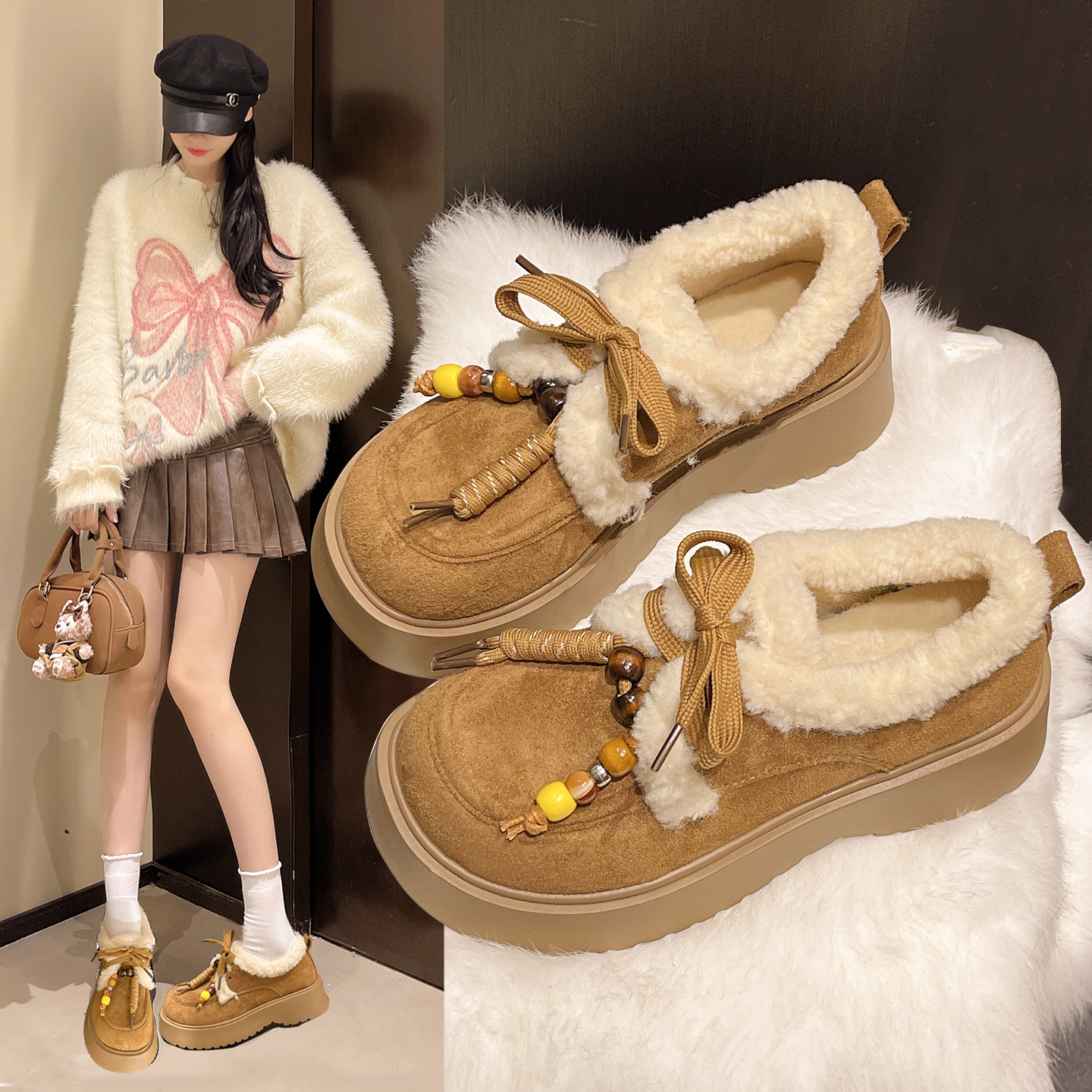 松糕厚底加绒勃肯鞋复古系带棉鞋