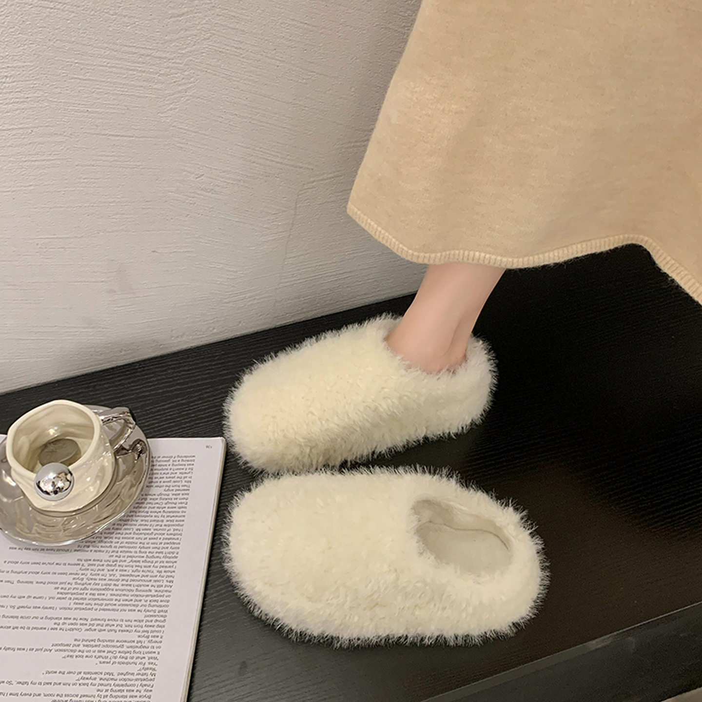厚底加绒保暖包头棉拖鞋
