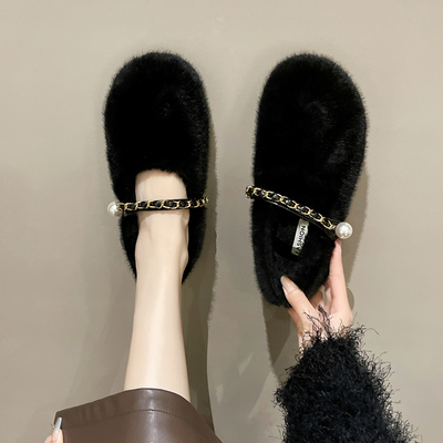 圆头平底玛丽珍鞋加绒毛毛棉鞋