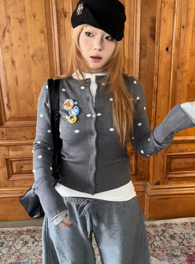 local aliens外星沙龙美式复古波点针织开衫修身显瘦百搭毛衣外套