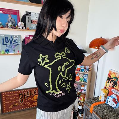 local aliens外星沙龙美式复古海豚印花POLO衫宽松短袖正肩半袖