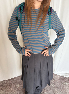 local aliens外星沙龙美式复古条纹撞色连帽长袖t恤宽松v领打底衫