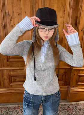 local aliens外星沙龙美式复古格纹拼接假两件针织衫内搭打底上衣