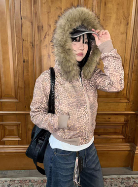 local aliens外星沙龙美式复古豹纹烫钻字母加绒毛领拉链外套卫衣