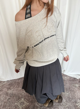 local aliens外星沙龙美式复古吊带斜肩贴布卫衣慵懒露肩长袖上衣