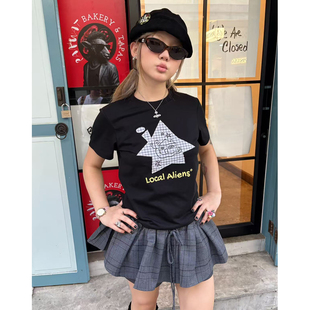正肩宽松t恤 复古贴布可爱小房子短袖 local aliens外星沙龙美式