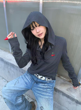 local aliens外星沙龙美式复古樱桃刺绣条纹连帽打底长袖t恤上衣