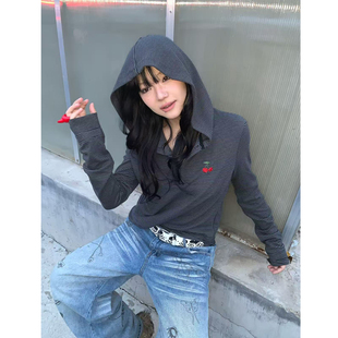 复古樱桃刺绣条纹连帽打底长袖 t恤上衣 aliens外星沙龙美式 local