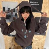 local 复古华夫格拉链卫衣兔耳朵刺绣短外套 aliens外星沙龙美式