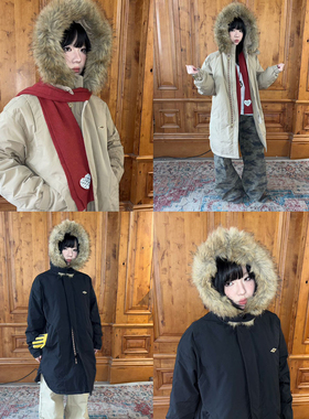 local aliens外星沙龙美式复古毛领连帽90白鸭绒羽绒服长款派克服