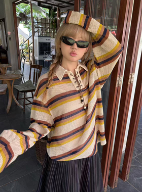 local aliens外星沙龙美式复古条纹镂空针织衫撞色polo领长袖上衣