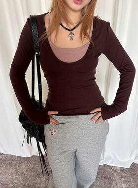 local aliens外星沙龙美式复古拼色假两件长袖t恤修身显瘦打底衫