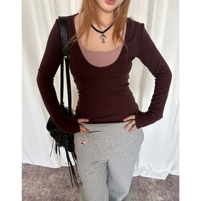 复古拼色假两件长袖t恤打底衫