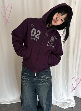 local aliens外星沙龙美式复古烫钻骷髅拉链卫衣Y2K辣妹短外套