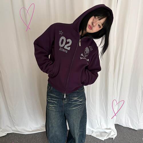 local aliens外星沙龙美式复古烫钻骷髅拉链卫衣Y2K辣妹短外套