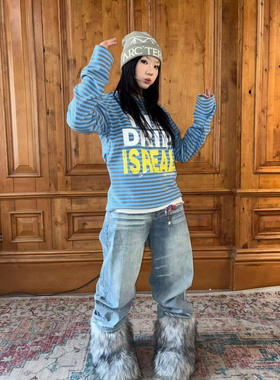 local aliens外星沙龙美式复古水洗猫咪纹阔腿牛仔裤百搭休闲长裤