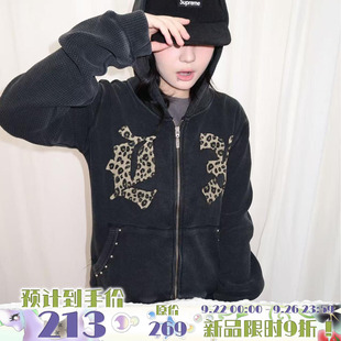 local 復古豹紋貼布鉚釘拉鏈衛衣華夫格外套潮 aliens外星沙龍美式