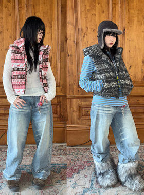 local aliens外星沙龙美式复古费尔岛连帽摇粒绒马甲叠穿夹棉马夹