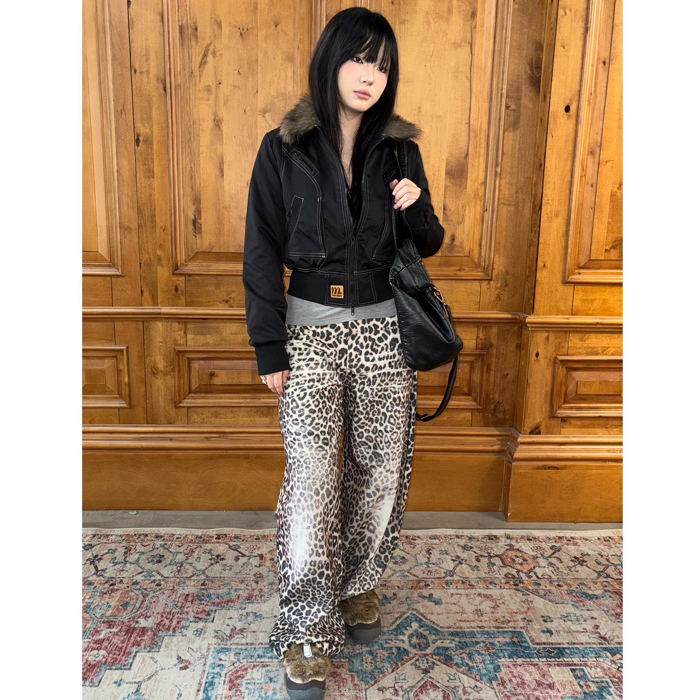 阔腿宽松豹纹长裤休闲廓形弯刀裤