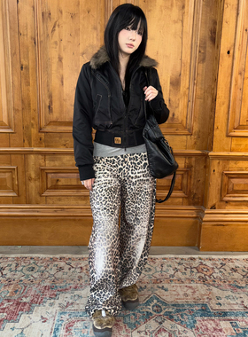 local aliens外星沙龙美式复古阔腿宽松豹纹长裤休闲廓形弯刀裤
