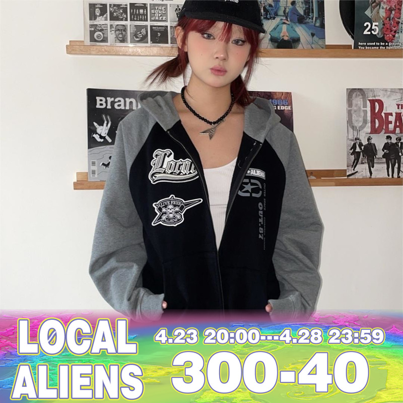 local aliens外星沙龙骷髅刺绣贴布插肩拉链连帽卫衣街头宽松外套