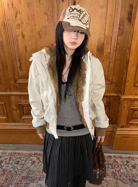 local aliens外星沙龙美式复古拼接毛领派克服短款保暖短棉服外套