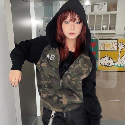 迷彩插肩拉链卫衣辣妹开衫短外套