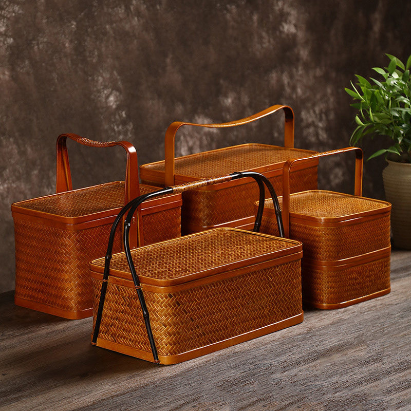 竹编多层提盒复古竹篮食盒收纳盒结婚礼盒茶具收纳仿古中秋糕点盒