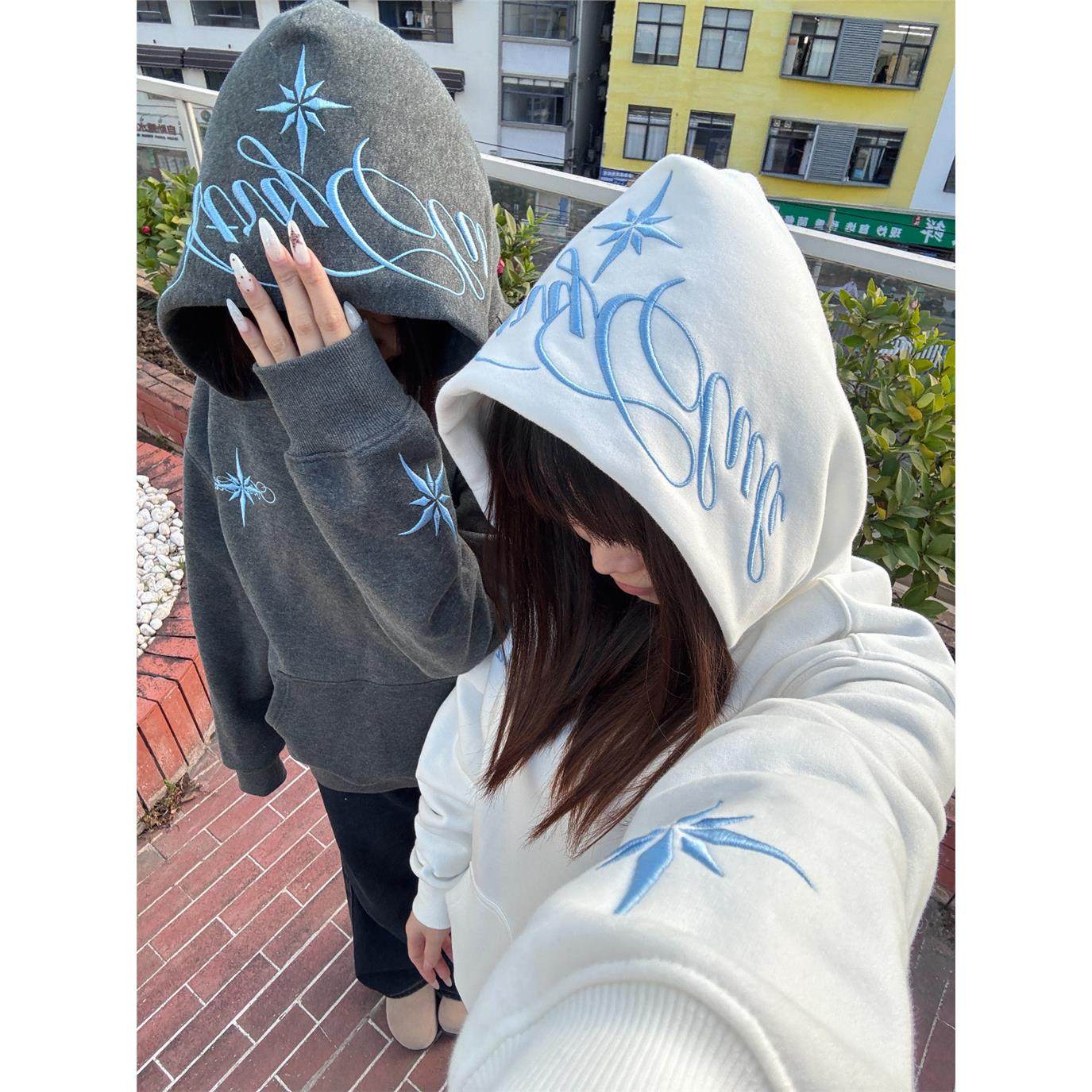 美式潮牌北极星刺绣连帽卫衣女秋冬新款加绒加厚重磅情侣装帽衫男