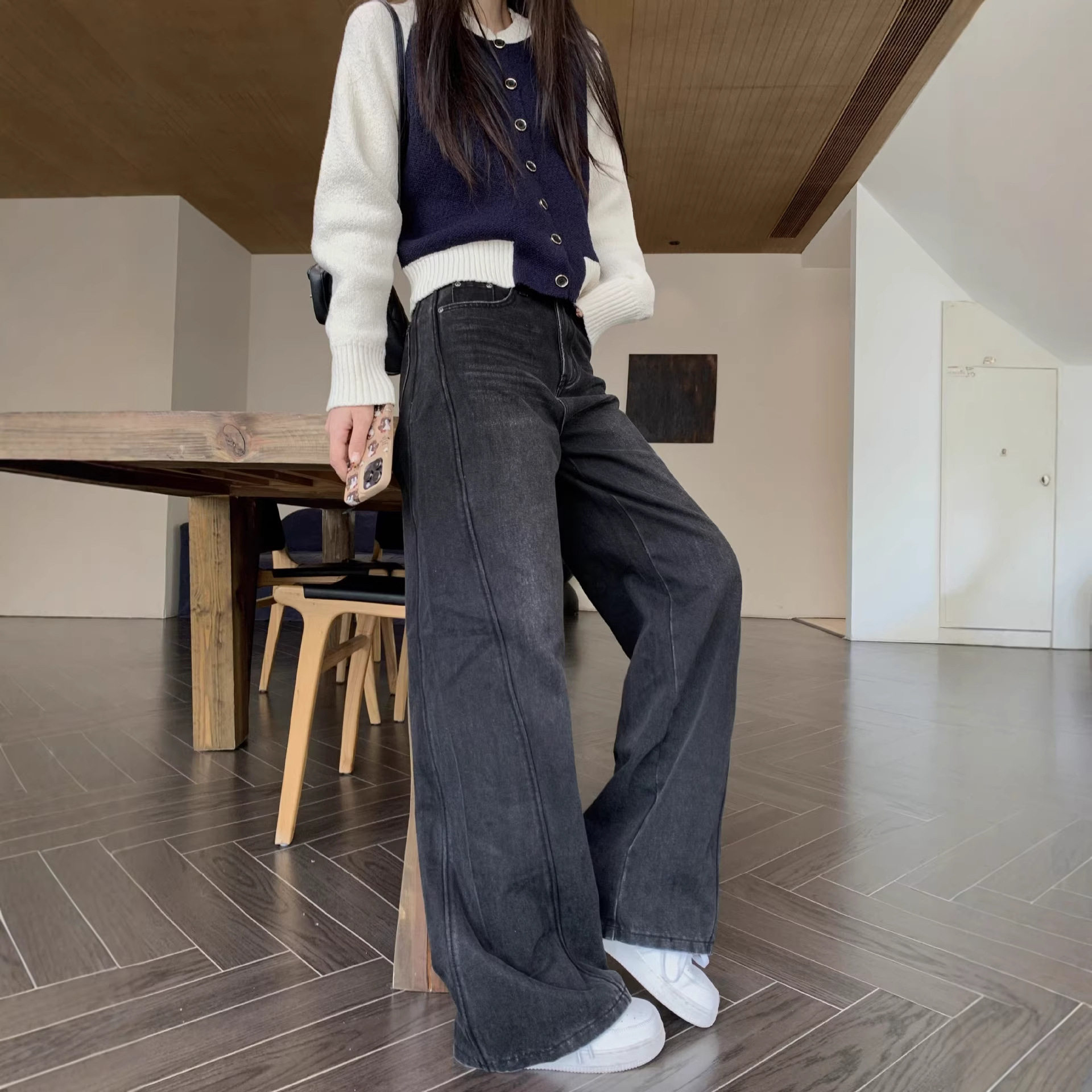 实拍2025设计感裁剪超显瘦牛仔裤女高腰直筒宽松阔腿裤长裤潮,女装/女士精品,牛仔裤,淘宝优惠券,粉丝福利购,淘宝优惠卷