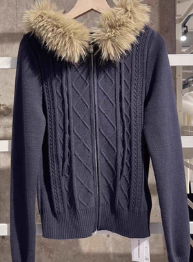 WM美式复古毛领拉链针织开衫女深蓝色麻花纹毛衣外套长袖女秋冬