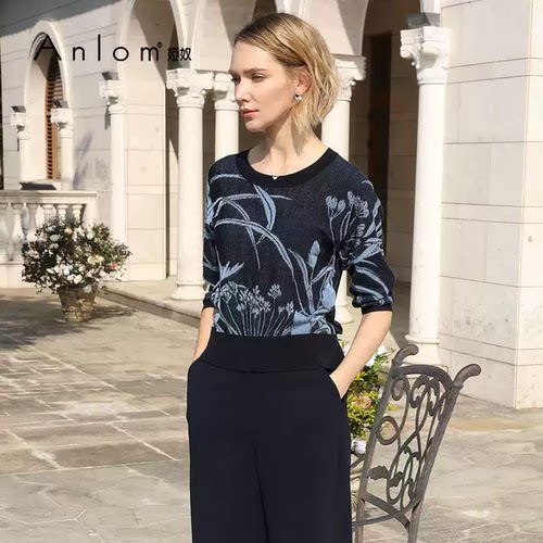 Anlom/娅奴春秋新款桑蚕丝提花中袖连肩袖圆领套头衫针织女上衣