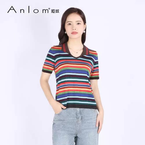 Anlom/娅奴时尚彩虹调POLO衫桑蚕丝套头衫