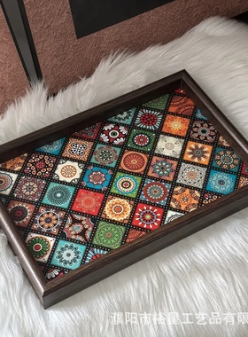 波西米亚风托盘异域客厅桌面收纳首饰收纳玄关家用木质皮革收纳盘