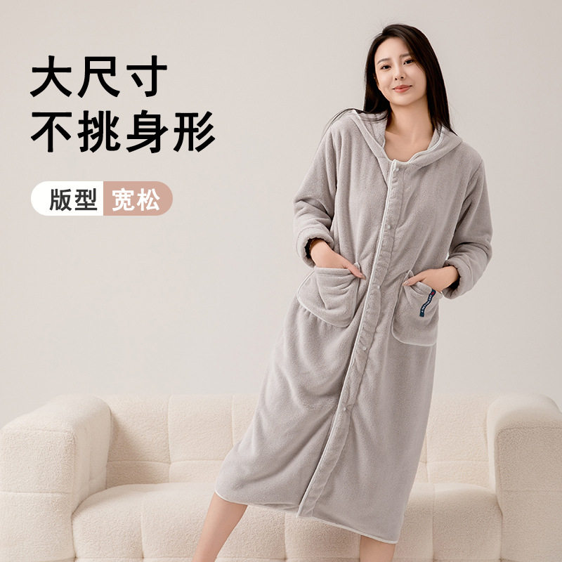 睡袍女款秋冬季加绒加厚珊瑚绒长款连帽睡衣白色家居服长袍