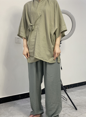 汉墨记原创天丝睡衣汉服短裤套装纯色对交穿半袖短衫日常情侣款男